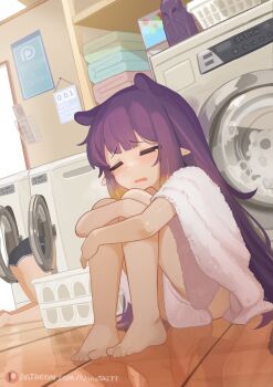  2girls absurdres animal_ears barefoot bike_shorts black_shorts character_request closed_eyes feet highres hololive hololive_english indoors long_hair multiple_girls nanachides ninomae_ina'nis open_mouth patreon_logo patreon_username pointy_ears purple_hair short_shorts shorts sitting solo tearing_up tears tentacle_hair toes towel washing_machine wooden_floor 