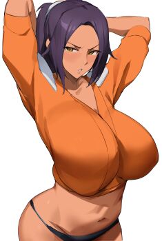  1girl :o absurdres arms_behind_head arms_up black_panties bleach breasts dark-skinned_female dark_skin highres huge_breasts long_hair looking_at_viewer navel orange_shirt panties parted_bangs parted_lips ponytail purple_hair shihouin_yoruichi shirt simple_background solo stomach t-lex underwear upper_body white_background yellow_eyes 