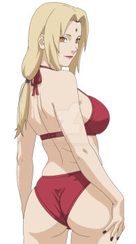  1girl ass back bikini blonde_hair breasts brown_eyes cowboy_shot facial_mark forehead_mark from_behind halterneck hand_on_own_hip highres kiripetals large_breasts light_smile lips lipstick long_hair looking_at_viewer looking_back makeup mature_female nail_polish naruto_(series) orange_eyes red_bikini simple_background smile solo standing swimsuit tsunade_(naruto) twintails watermark web_address white_background 