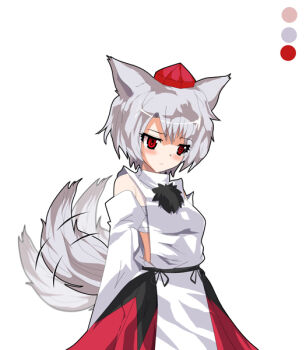  1girl alphes_(style) animal_ears blush breasts chest_sarashi commentary_request detached_sleeves grey_hair high_collar inubashiri_momiji kaoru_(gensou_yuugen-an) looking_to_the_side medium_breasts parody red_eyes sarashi short_hair skirt sleeveless solo style_parody tail tail_wagging touhou wolf_ears wolf_girl wolf_tail 