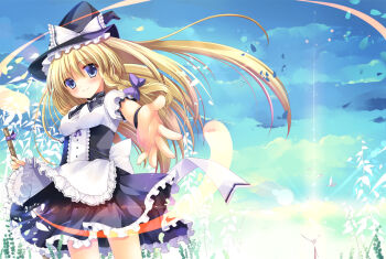  1girl bad_id bad_pixiv_id blonde_hair blue_eyes blush bow braid broom dress female_focus hat kirisame_marisa long_hair nature outdoors petals plant sky smile solo sousouman touhou witch witch_hat  rating:Sensitive score:6 user:danbooru