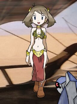  1girl :d absurdres amayzing2002 beldum bikini blue_eyes boots breasts brown_boots brown_hair cleavage earrings full_body gen_3_pokemon gold_bikini groin highres huttslayer_leia huttslayer_leia_(cosplay) jewelry lipstick looking_at_viewer makeup may_(pokemon) medium_breasts medium_hair metal_bikini narrow_waist navel nintendo official_style open_mouth outdoors pelvic_curtain pokemon pokemon_(creature) pokemon_ruby/sapphire/emerald princess_leia princess_leia_(cosplay) revealing_clothes smile star_wars swimsuit  rating:Sensitive score:3 user:halfpint