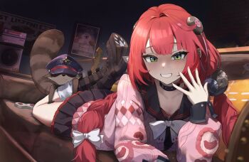  1girl black_sailor_collar black_skirt blush boots bow braid braided_twintails brown_boots cardigan chest_bow commentary controller couch english_commentary game_controller green_eyes grin hair_bow hair_ornament hearing_aid highres indoors kamanosuke_(zenless_zone_zero) long_hair looking_at_viewer lucien_tube lying on_couch on_stomach pink_cardigan raccoon red_hair sailor_collar skirt smile sphere_hair_ornament tanuki ukinami_yuzuha white_bow zenless_zone_zero 