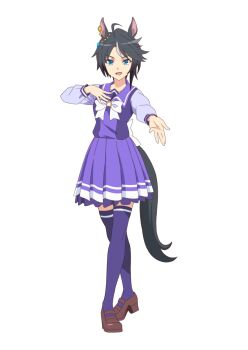 1girl ahoge animal_ears black_hair black_tail blue_eyes bow breasts brown_shoes collarbone dot_nose ear_ornament ear_piercing female_focus fuji_kiseki_(umamusume) full_body highres horse_ears horse_girl long_sleeves looking_at_viewer medium_skirt multicolored_hair open_mouth piercing pleated_skirt purple_sailor_collar purple_serafuku purple_skirt purple_socks purple_thighhighs sailor_collar school_uniform serafuku shoes short_hair skirt small_breasts smile socks solo solo_focus streaked_hair thighhighs tracen_school_uniform two-tone_hair umamusume white_bow white_streaks zettai_ryouiki