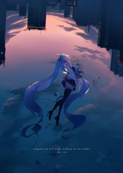  1girl absurdly_long_hair absurdres apartment arched_back arms_at_sides bare_shoulders black_boots black_skirt black_sleeves blue_hair blue_necktie blue_theme boots breasts building choppy_bangs chromatic_aberration city cityscape closed_eyes cloud cloudy_sky collared_shirt commentary_request cool_colored crane_(machine) dark_cloud detached_sleeves dusk english_text evening eyelashes falling fisheye gradient_sky grey_sky hair_between_eyes happy hatsune_miku hatsune_miku_happy_16th_birthday_-dear_creators- head_back headset highres horizon knees_together_feet_apart light_smile long_hair necktie night night_sky notebook orange_sky outdoors paint_can paint_palette paint_tube palette_knife paper parted_lips pink_sky pleated_skirt profile radio_tower railing scissors shirt sideboob sidelighting sidelocks skirt sky sleeveless sleeveless_shirt small_breasts solo spool star_(sky) starry_sky stylus sunlight surreal thigh_boots thighhighs thzskyzx twintails upside-down_world very_long_hair vocaloid wavy_hair white_shirt wide_shot wide_sleeves zettai_ryouiki 