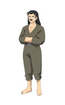  1boy anime_coloring barefoot black_eyes black_hair closed_mouth collarbone crossed_arms dougi facial_hair full_body grey_sash hair_slicked_back highres long_hair long_sleeves male_focus mature_male mustache official_art pants pants_rolled_up ranma_1/2 simple_background solo standing tachi-e taniguchi_hiromi tendou_souun thick_eyebrows transparent_background v-shaped_eyebrows 