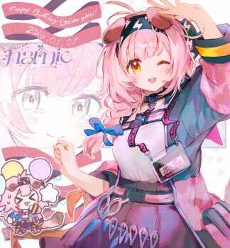  >_< -solo 1girl ;d animal_ears arknights arm_up artist_name banned_artist black_hairband black_skirt blue_bow bow braid breasts cat_ears cat_girl cat_tail chibi chibi_inset closed_mouth dated female_focus goldenglow_(arknights) hair_bow hairband happy_birthday id_card jacket lightning_bolt_print long_sleeves medium_breasts namie-kun one_eye_closed open_clothes open_jacket open_mouth pink_hair pink_jacket purple_skirt scottish_fold shirt side_braid single_braid skirt smile star_balloon tail white_shirt yellow_eyes 