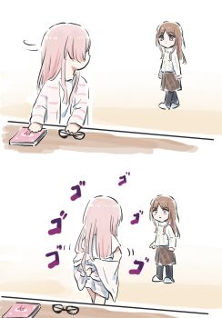  2girls bang_dream! bang_dream!_it's_mygo!!!!! black_pantyhose blue_eyes brown_hair chihaya_anon commentary glasses highres jacket long_hair lyy menacing_(jojo) multiple_girls nagasaki_soyo open_mouth pantyhose pink_hair pink_jacket removing_jacket shirt slippers symbol-only_commentary unworn_eyewear white_shirt wide-eyed yuri yuri_(object) 