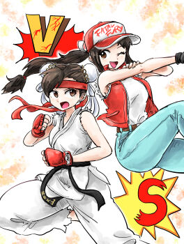 2girls baseball_cap black_gloves breasts brown_eyes brown_hair capcom cosplay crossover denim double_bun dougi fatal_fury fatal_fury_cap female_focus fingerless_gloves gloves hair_bun hat headband high_ponytail jacket jeans kicdon_smash large_breasts martial_arts_belt matching_hair/eyes mma_gloves multiple_girls open_mouth padded_gloves pants ponytail red_gloves red_headband red_jacket ryu_(street_fighter) shirt short_hair sleeveless sleeveless_jacket sleeveless_shirt snk street_fighter terry_bogard terry_bogard_(cosplay) tongue white_shirt