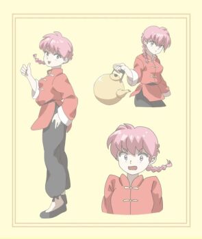  1girl :d braid chinese_clothes grey_pants hashtag-only_commentary holding holding_teapot open_mouth pants pink_hair protected_link ranma-chan ranma_1/2 single_braid smile surprised teapot tokito_rk yellow_background 