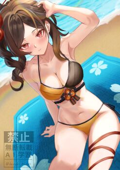  1girl arm_support arm_up armpits bare_shoulders beach_towel bikini black_bikini blush brown_hair chiori_(genshin_impact) commentary_request dutch_angle genshin_impact highres kazuki_(kazuki_01) long_hair looking_at_viewer multicolored_bikini navel ocean red_eyes sitting solo stomach swimsuit thighs towel two-tone_bikini water yellow_bikini 