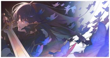  1girl absurdres armor blue_eyes blue_hair brand_of_the_exalt broken_mask bug butterfly cape commentary dkyung004 english_commentary falchion_(fire_emblem) fingerless_gloves fire_emblem fire_emblem_awakening gloves hair_between_eyes highres holding holding_sword holding_weapon insect long_hair lucina_(fire_emblem) mask nintendo open_mouth solo sword tiara weapon 