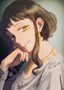  1girl absurdres artist_name brown_eyes brown_hair earrings highres jewelry looking_at_viewer m_agic_hour melinda_desmond necklace shirt solo spy_x_family upper_body white_shirt 