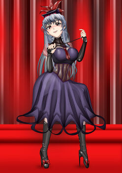  bad_tag bdsm blue_hair blue_hat bondage_outfit bow bow_legwear breasts commentary_request dress gloves hands_up hat high_heels holding holding_riding_crop kamishirasawa_keine kams large_breasts latex latex_corset latex_dress latex_gloves latex_legwear lips long_hair looking_at_viewer red_bow red_eyes riding riding_crop stiletto_heels touhou 