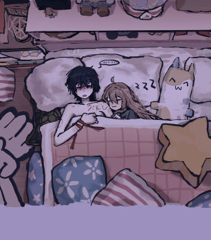  ... 1boy 1girl :3 absurdres aftersex ahoge bed bedroom bite_mark bite_mark_on_arm black_hair blanket body_writing brown_hair calico_(pattern) character_doll character_name chinese_commentary closed_eyes commentary_request constricted_pupils dgucedunno dim_lighting doll dot_nose drawer from_above gashapon hair_down head_on_another's_shoulder head_on_pillow hetero hickey highres horrified indoors lying neuro-sama nude on_back on_bed open_mouth pillow print_pillow red_ribbon ribbon shaded_face shared_bed shared_blanket shelf short_hair sleeping smile spoken_ellipsis star-shaped_pillow star_(symbol) striped_pillow stuffed_animal stuffed_cat stuffed_toy turtle_shell under_covers vedal987 vedal_ai virtual_youtuber waist_ribbon zzz 