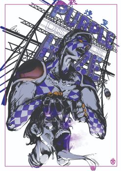  1boy 1other absurdres argyle_skin bulging_eyes character_name commentary_request compound_eyes dissolving helmet highres jojo_no_kimyou_na_bouken kurobameiyos long_tongue open_mouth purple_haze_(stand) teeth tongue tongue_out upper_bod vento_aureo 