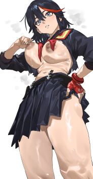  1girl absurdres black_hair blue_eyes breasts from_below grabbing_own_breast highres kill_la_kill large_breasts matoi_ryuuko nipple_stimulation nipple_tweak no_bra puffy_nipples school_uniform senketsu shiny_skin solo taiyang_yu  rating:Questionable score:72 user:TDogarooski
