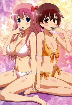 2girls absurdres barefoot bikini blue_eyes blush board_game body_blush bow breasts brown_hair cleavage feet front-tie_top hair_bow haramura_nodoka highres holding holding_hands holding_mahjong_tile large_breasts legs long_hair mahjong mahjong_tile miyanaga_saki multiple_girls non-web_source nyantype official_art pink_hair red_eyes sakai_takahiro saki_(manga) scan short_hair side-tie_bikini_bottom sitting small_breasts strap_gap swimsuit toes wariza yuri rating:Sensitive score:42 user:danbooru