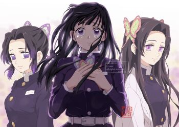  3girls belt black_hair breasts butterfly_hair_ornament commentary_request crying demon_slayer_uniform hair_ornament hands_up haori highres holding japanese_clothes kakefu_302 kimetsu_no_yaiba kochou_kanae kochou_shinobu long_hair long_sleeves looking_at_viewer multicolored_hair multiple_girls parted_bangs pink_eyes purple_eyes purple_hair short_hair simple_background smile tears tsuyuri_kanao two-tone_hair watermark white_background white_belt 