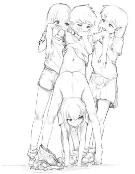  1boy 3girls absurdres all_fours arm_grab ass belly bent_over blush clothes_lift covering_another's_mouth femdom forced half-closed_eyes hand_over_another's_mouth highres implied_sex kodomo_doushi loli lolidom long_hair looking_at_another looking_back monochrome multiple_girls navel original panties_around_leg restrained sex sex_from_behind shirt shirt_lift shoes short_hair shorts shota skirt skirt_around_one_leg smile tabarchie top-down_bottom-up  rating:Explicit score:545 user:VHSephi