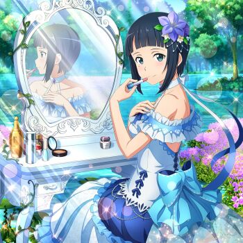  1girl black_hair blue_dress blue_eyes bow choker cosmetics dress flower lake large_bow lipstick looking_at_viewer makeup mirror off_shoulder ribbon sachi_(sao) sleeveless smile solo sword_art_online sword_art_online:_integral_factor table tree vanity_table  rating:General score:0 user:MK12-T0