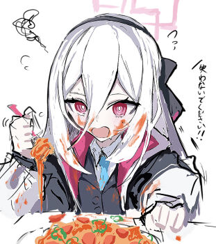  ! !! 1girl black_hairband black_jacket blue_archive blue_necktie buttons eating flying_sweatdrops food food_on_clothes food_on_face food_on_hair fork hair_between_eyes hairband halo highres holding holding_fork jacket kei_(blue_archive) kei_(new_body)_(blue_archive) long_hair_between_eyes necktie open_mouth pink_eyes pink_halo solo squiggle sweatdrop translation_request user_znkj7545 white_hair 