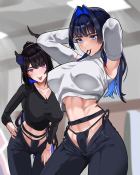  2girls absurdres alternate_costume arms_up asymmetrical_horns bikini_jeans black_hair black_panties blue_eyes blue_hair breasts colored_inner_hair daaku_(koizumi_arata) demon_horns denim detached_sleeves hair_intakes highres hololive hololive_english horns jeans large_breasts long_hair looking_at_viewer lowleg lowleg_pants midriff mole mole_under_eye mouth_hold multicolored_hair multiple_girls nerissa_ravencroft ouro_kronii panties pants purple_eyes side-tie_panties tongue tongue_out two-tone_hair underwear virtual_youtuber 