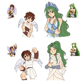  1boy 1girl angel angel_wings captainludraws clenched_hands derivative_work green_eyes green_hair hand_on_own_arm highres kid_icarus kid_icarus_(nes) kid_icarus_of_myths_and_monsters kid_icarus_uprising laurel_crown nintendo palutena pit_(kid_icarus) ponytail procreate_(medium) scarf smile sprite_redraw white_scarf wings 