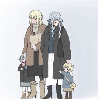  4girls bag baguette bang_dream! bang_dream!_it's_mygo!!!!! black_boots black_coat black_skirt blonde_hair blue_hair blue_sweater boots bread brown_boots brown_coat candy child coat food grey_sweater hand_on_another's_head high_heel_boots high_heels holding holding_candy holding_food holding_lollipop i_love_lesbian if_they_mated lollipop long_hair medium_hair misumi_uika mother_and_daughter multiple_girls purple_eyes science_babies shopping_bag skirt sweater togawa_sakiko two_side_up white_skirt yuri 