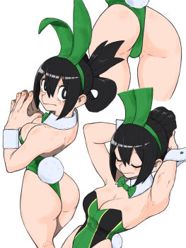 1girl absurdres animal_ear_hairband animal_ears armpits arms_behind_head arms_up ass asui_tsuyu black_eyes black_hair black_leotard boku_no_hero_academia bow bowtie breasts bright_pupils closed_eyes closed_mouth collar detached_collar fake_animal_ears fake_tail fingernails green_bow green_bowtie green_hairband green_leotard hair_between_eyes hair_bun hair_rings hairband highres leotard looking_at_viewer looking_back medium_breasts multicolored_leotard multiple_views playboy_bunny rabbit_ear_hairband rabbit_ears rabbit_tail short_hair simple_background leotard tail toshinoshin turning_head two-tone_leotard updo white_background white_collar white_pupils white_wrist_cuffs wrist_cuffs  rating:Questionable score:85 user:danbooru