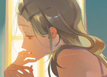  1girl 1other bare_shoulders bra_strap from_side gakuen_idolmaster idolmaster indoors licking_finger nininiwa2 shinosawa_hiro tongue window  rating:Sensitive score:1 user:Hullyen