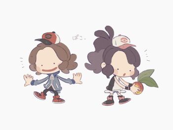  1boy 1girl baseball_cap berry_(pokemon) black_pants black_vest blue_jacket blush blush_stickers brown_hair chibi commentary cutoffs denim denim_shorts ditto exposed_pocket gen_1_pokemon hat high_ponytail hilbert_(pokemon) hilda_(pokemon) hime_(himetya105) holding jacket leppa_berry long_hair long_sleeves nintendo open_clothes open_mouth open_vest pants poke_ball_print pokemon pokemon_bw pokemon_pokopia ponytail shirt shoes short_hair shorts sidelocks smile solid_circle_eyes transformed_ditto untranslatable_commentary vest white_shirt wristband 