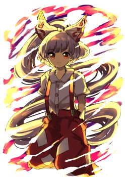  1girl absurdly_long_hair absurdres bow closed_mouth collared_shirt commentary_request cowboy_shot fujiwara_no_mokou hair_bow highres long_hair looking_at_viewer neruzou pants ponytail red_eyes red_pants shirt short_sleeves smile solo suspenders touhou very_long_hair white_bow white_hair white_shirt 