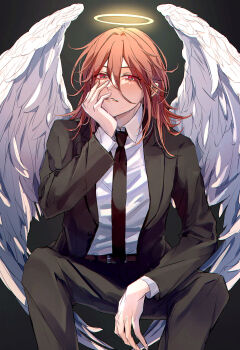  1boy ame105 androgynous angel angel_devil_(chainsaw_man) angel_wings arm_on_thigh arm_rest black_jacket black_necktie black_suit business_suit chainsaw_man commentary feathered_wings formal_clothes glowing glowing_halo hair_between_eyes halo hand_on_own_face hand_up head_rest highres invisible_chair jacket legs_apart long_hair male_focus necktie open_clothes open_jacket parted_lips red_eyes red_hair sitting solo straight-on suit suit_jacket traditional_halo white_wings wings 