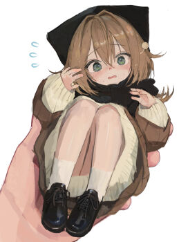  1girl 1other absurdres black_hat black_shoes blush brown_hair brown_sweater commentary dress flying_sweatdrops green_eyes hat highres in_palm indie_virtual_youtuber knees_to_chest long_hair long_sleeves looking_at_viewer lying mini_person minigirl nervous on_back open_mouth shoes socks solo_focus sweater sweater_dress tabby_ragtan tabby_ragtan_(vtuber) virtual_youtuber wavy_mouth white_socks white_sweater 