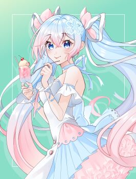  1girl aqua_choker aqua_eyes aqua_hair aqua_nails blush breasts cherry_blossoms choker closed_mouth collarbone commentary cup dress fingernails flower food from_side fusion gradient_hair green_background hair_between_eyes hair_flower hair_ornament hair_ribbon hatsune_miku highres holding holding_cup holding_spoon ice_cream ice_cream_float long_hair masumofu medium_breasts multicolored_hair nail_polish pink_hair ribbon sakura_miku simple_background smile solo spoon strapless strapless_dress tongue tongue_out twintails very_long_hair vocaloid white_dress yuki_miku 