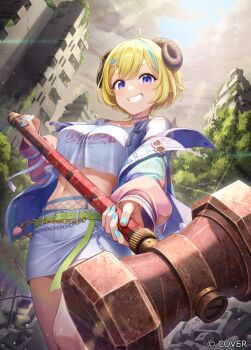  1girl :d ahoge animal_ears aqua_nails aqua_streaks belt blonde_hair blue_jacket breasts choker commentary_request copyright_notice cropped_shirt denim denim_skirt fishnets green_belt grin hair_ornament hairclip hammer holding holding_hammer holding_weapon hololive horns jacket jewelry large_breasts looking_at_viewer midriff miniskirt multicolored_hair nail_polish navel necklace off_shoulder official_alternate_costume official_alternate_hairstyle official_art open_mouth outdoors para_sitism purple_eyes sheep_ears sheep_girl sheep_horns shirt short_hair short_sleeves skirt smile solo streaked_hair tsunomaki_watame tsunomaki_watame_(gyaru) virtual_youtuber weapon white_shirt white_skirt 