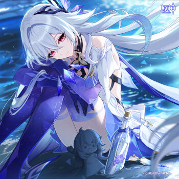  1girl absurdres bare_shoulders breasts commentary_request dress folded genshin_impact hair_between_eyes hair_ornament highres hugging_own_legs knees_to_chest long_hair looking_at_viewer ocean official_art pink_eyes purple_hands sitting skirk_(genshin_impact) skirk_(young)_(genshin_impact) smile solo statue thighs very_long_hair water white_dress white_hair 