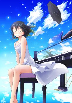  1girl black_hair black_umbrella blue_sky blush breasts chair closed_eyes cloud cloudy_sky collarbone commentary_request dress gradient_hair green_hair grin highres instrument love_live! love_live!_nijigasaki_high_school_idol_club medium_breasts medium_hair multicolored_hair piano qy73 reflection sitting sky smile solo takasaki_yu umbrella water white_dress wind  rating:General score:15 user:danbooru
