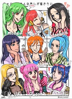  ! 27930529 6+girls ^_^ aqua_hair black_gloves black_hair blonde_hair blue_eyes blunt_bangs blush boa_hancock character_name closed_eyes collared_shirt drill_hair epaulettes eyewear_on_head gloves green_hair hair_bun hair_over_one_eye hand_on_own_cheek hand_on_own_face headset holding holding_sword holding_weapon interlocked_fingers kalifa_(one_piece) long_hair monet_(one_piece) multiple_drawing_challenge multiple_girls nami_(one_piece) nefertari_vivi nico_robin notice_lines one_piece orange_hair perona pink_gloves pink_hair ponytail red_hair shirt short_hair sidelocks smile sword tashigi uta_(one_piece) weapon wings 