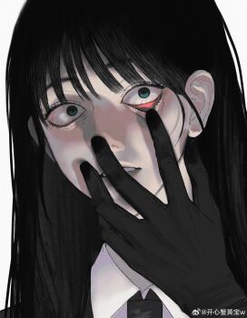  1girl absurdres alternate_costume artist_request black_gloves black_hair black_necktie blunt_bangs collared_shirt constricted_pupils crazy_eyes eyelid_pull formal_clothes gloves hand_on_own_face head_tilt highres like_mother_like_daughter long_hair long_sleeves necktie parted_lips pink_lips school_uniform shade shirt simple_background solo somyung&#039;s_mother_(like_mother_like_daughter) spoilers suit surprised teeth upper_body watermark weibo_watermark white_background white_shirt wide-eyed 