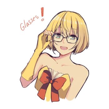 1girl :d adjusting_eyewear bespectacled blonde_hair blue_eyes bow collarbone cropped_torso dress english_text flat_chest glasses gloves hair_between_eyes looking_at_viewer non-web_source official_art open_mouth orange_bow short_hair simple_background sketch smile solo strapless strapless_dress taiyo_ami utau white_background yellow_dress yellow_gloves yen-mi 
