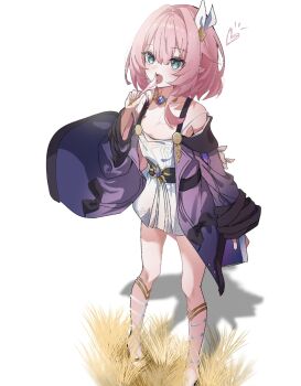  1girl bare_shoulders blue_eyes book breasts coat commentary_request cyrene_(honkai:_star_rail) cyrene_(philia093)_(honkai:_star_rail) dress ekaku_mim hair_ornament heart highres holding holding_book holding_quill honkai:_star_rail honkai_(series) jewelry necklace pink_hair purple_coat quill shaded_face simple_background small_breasts solo wheat white_background white_dress 