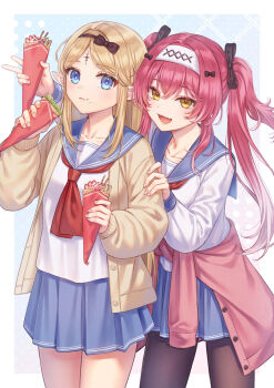  2girls absurdres alternate_costume black_bow black_pantyhose blonde_hair blue_eyes blue_sailor_collar blue_skirt bow breasts brown_cardigan cardigan cardigan_around_waist cartethyia_(wuthering_waves) clothes_around_waist collarbone commentary_request crepe dobu_jelly eating food hair_bow highres holding holding_crepe holding_food long_hair looking_at_viewer lupa_(wuthering_waves) medium_breasts multiple_girls multiple_hair_bows neckerchief open_cardigan open_clothes open_mouth pantyhose pink_cardigan pink_hair red_neckerchief sailor_collar school_uniform shirt skirt smile tacet_mark_(wuthering_waves) white_shirt wuthering_waves yellow_eyes 
