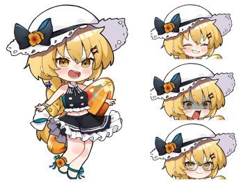  1girl alternate_headwear bespectacled black_bow black_skirt blonde_hair blush bow closed_eyes closed_mouth clothing_request commentary_request earrings flower flower_request full_body glasses grin hair_between_eyes hair_ornament hat hat_bow hat_flower highres innertube jewelry kirisame_marisa long_hair mokou_cooking multiple_expressions multiple_views open_mouth outstretched_arms paid_reward_available shaded_face simple_background skirt smile spread_arms sun_hat sweat swim_ring touhou very_long_hair white_background white_hat x_hair_ornament yellow_eyes yellow_flower 