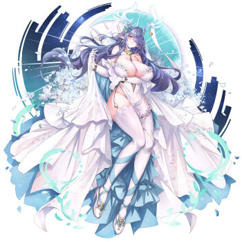  1girl aata1007 alternate_breast_size_(larger) alternate_costume antlers arm_under_breasts bare_shoulders blue_eyes blue_flower breasts closed_mouth commentary_request deer_antlers dress elbow_gloves flower full_body genshin_impact gloves hair_flower hair_ornament hair_over_one_eye hand_up high_heels highres horns huge_breasts large_breasts lauma_(genshin_impact) long_hair looking_at_viewer pointy_ears purple_hair shoes solo strapless strapless_dress thighhighs very_long_hair white_dress white_gloves white_shoes white_thighhighs 