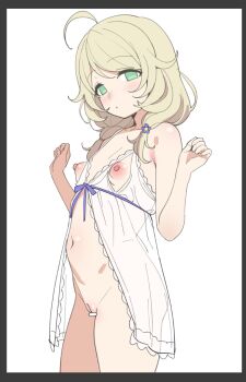  1girl ahoge babydoll bar_censor bare_shoulders black_border blonde_hair blush border bottomless breasts censored cowboy_shot cupless_babydoll flower green_eyes hair_flower hair_ornament hair_over_shoulder hands_up idolmaster idolmaster_cinderella_girls lingerie loli long_hair looking_at_viewer low_twintails navel nipples parted_lips purple_flower pussy rong_hui see-through_clothes simple_background small_breasts solo twintails underwear underwear_only w_arms white_background yusa_kozue  rating:Explicit score:136 user:CunnyInc