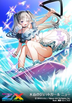  1girl bikini blue_sky cloud cloudy_sky copyright_logo copyright_name copyright_notice grey_hair hairband kuma_daigorou logo long_hair nu_(z/x) ocean official_art one_eye_closed open_mouth purple_eyes sky smile solo sparkle splashing surfboard surfing swimsuit translation_request two_side_up z/x 