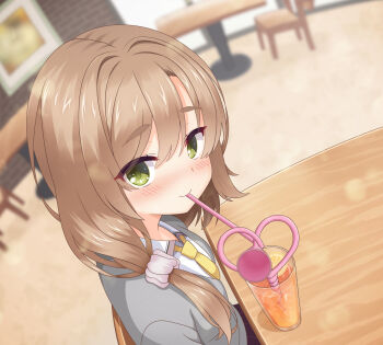 1girl blurry blurry_background blush brown_hair cafe cardigan closed_mouth collared_shirt commentary_request crazy_straw cup dating depth_of_field drink drinking_straw food fruit green_eyes grey_cardigan hair_intakes hair_ornament hair_scrunchie heart_straw highres indoors lemon lemon_slice long_hair looking_at_viewer low_side_ponytail mikuni_sairi mizuka_academy_school_uniform necktie nose_blush open_cardigan open_clothes pink_scrunchie pov school_uniform scrunchie shirt smile solo tenshi_souzou_re-boot! thick_eyebrows tsukioli upper_body white_shirt yellow_necktie 