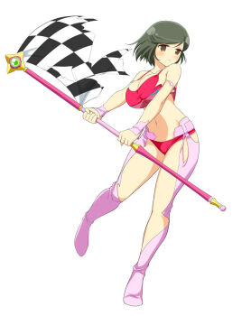  1girl :< black_hair blush bra breasts brown_eyes chaps checkered_flag cleavage collarbone flag full_body groin holding holding_flag large_breasts light_frown linea_alba mai_(senran_kagura) navel official_art open_mouth panties pink_chaps race_flag race_queen red_bra red_panties senran_kagura senran_kagura_new_wave short_hair simple_background solo swept_bangs torn_bra torn_chaps torn_clothes torn_flag torn_sleeves underwear white_background 